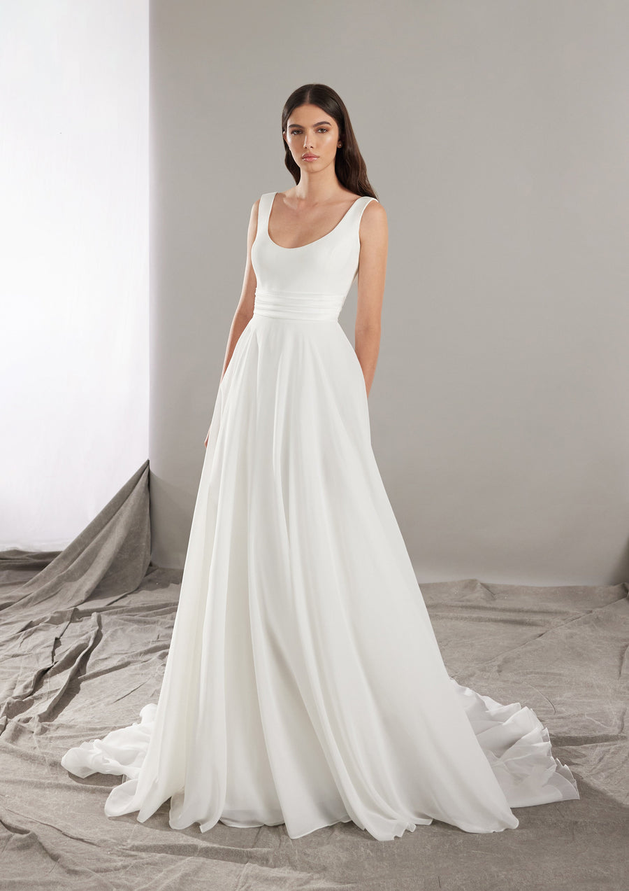 Pronovias Eufeme aline chiffon wedding dress with wide straps front view