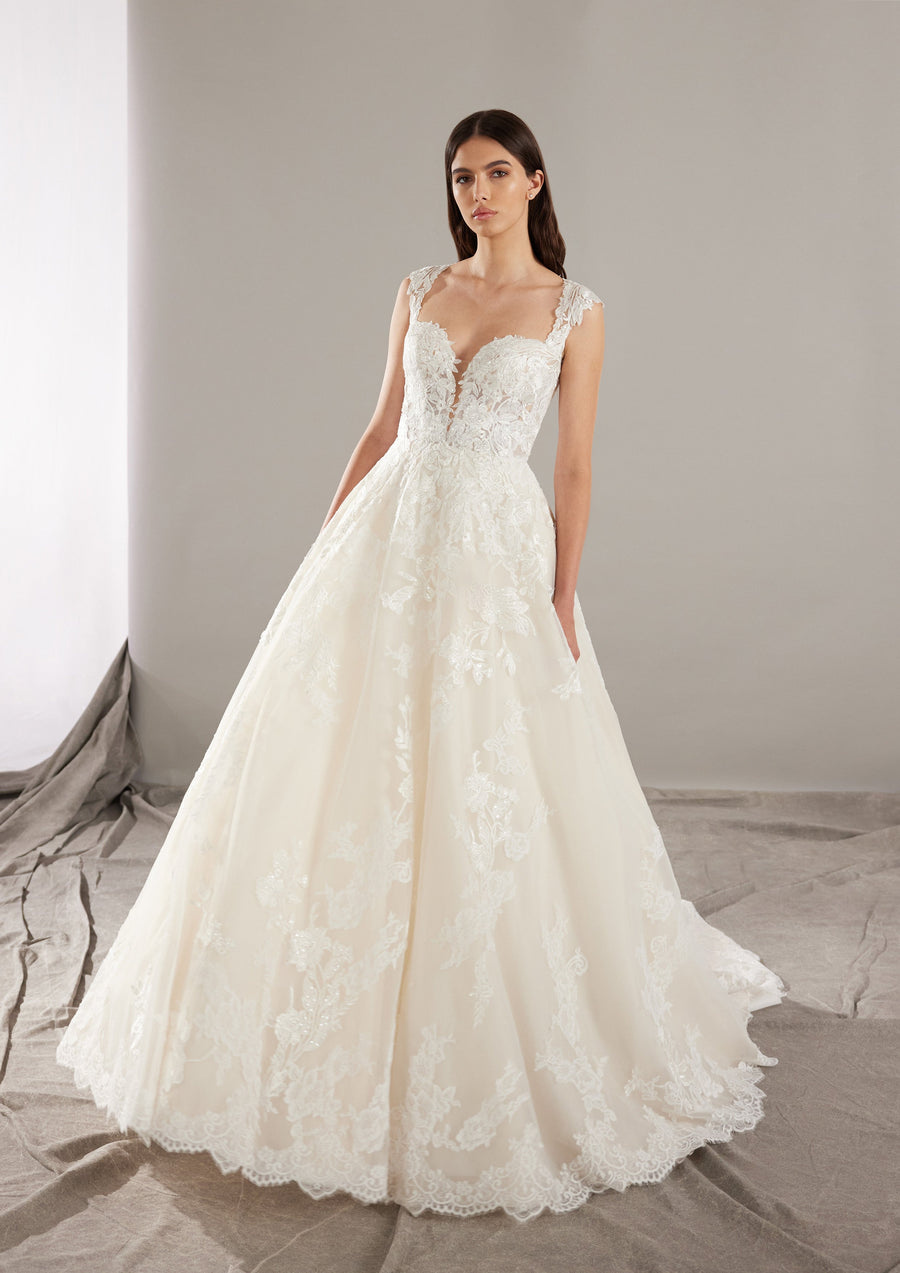 Pronovias Ever lace wedding dress with sweetheart neckline and keyhole back front view
