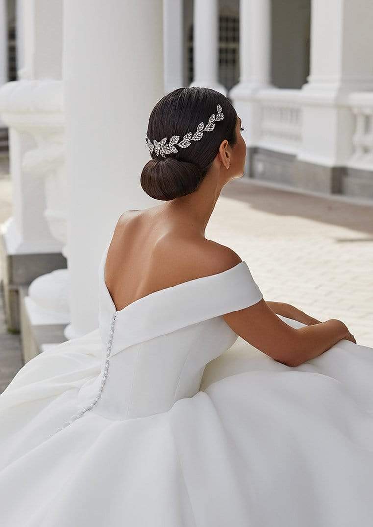 Pronovias Farrah ballgown off-the-shoulder wedding dress back detail view