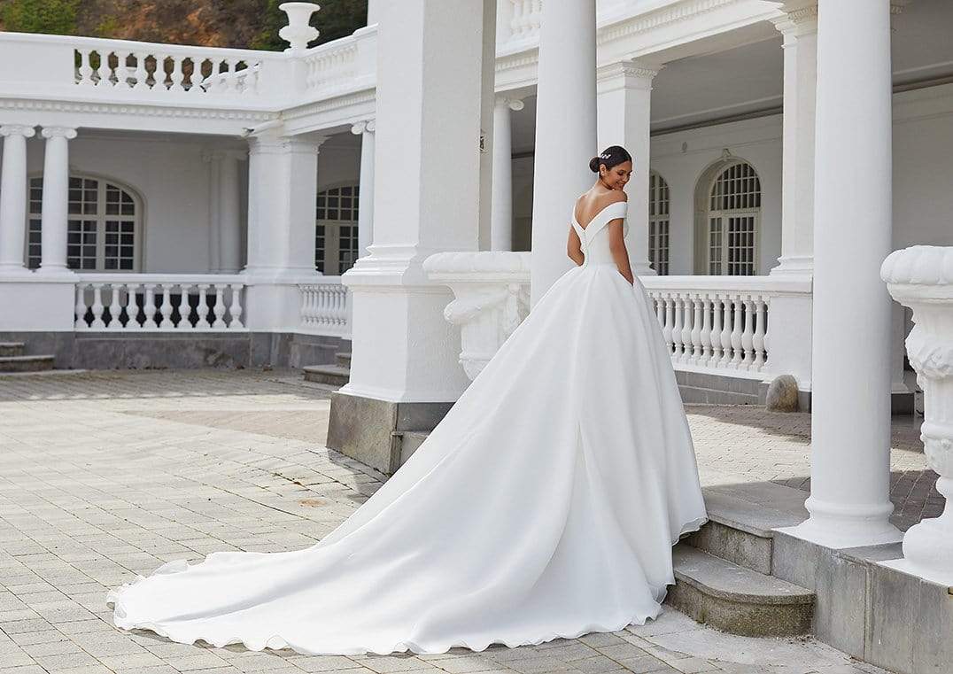 Pronovias Farrah ballgown off-the-shoulder wedding dress side view