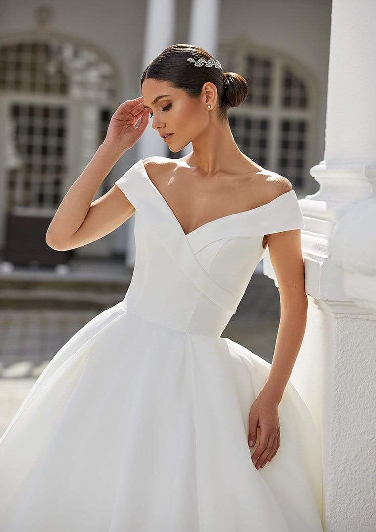 Pronovias Farrah ballgown off-the-shoulder wedding dress front detail view