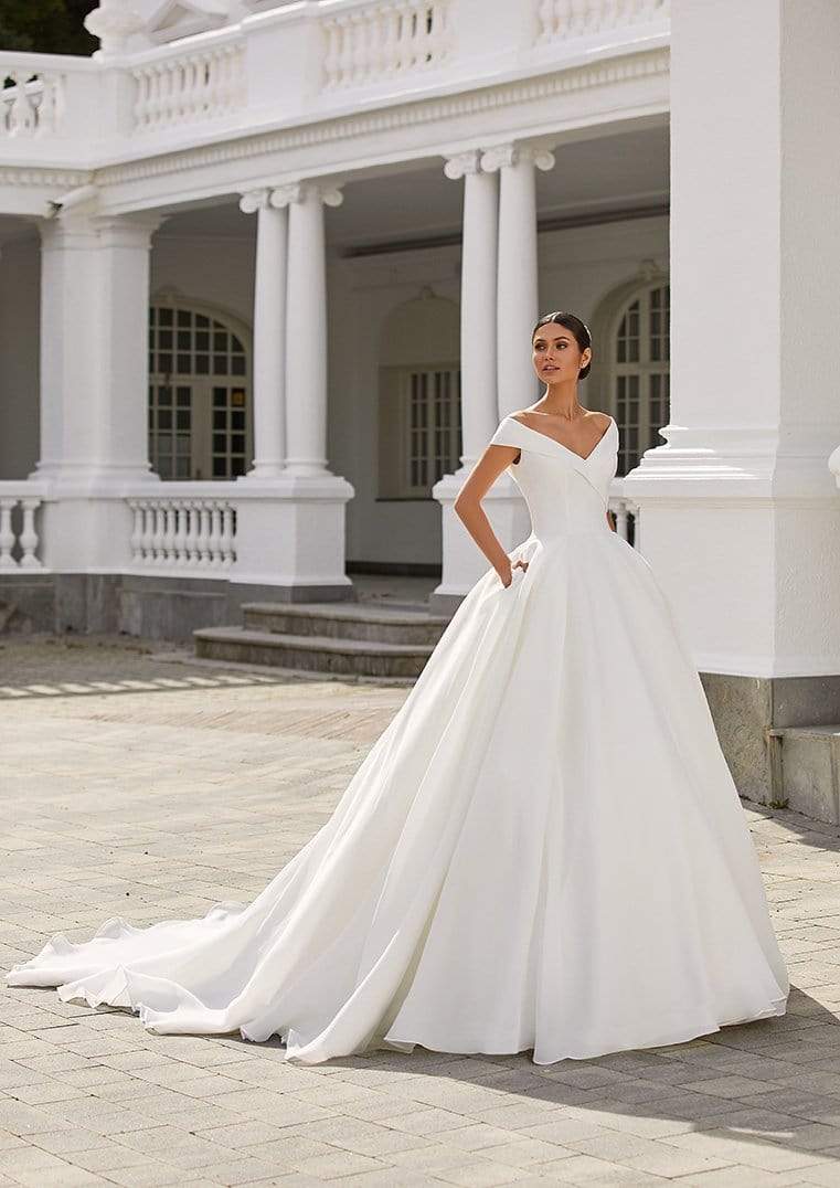 Pronovias Farrah ballgown off-the-shoulder wedding dress front view
