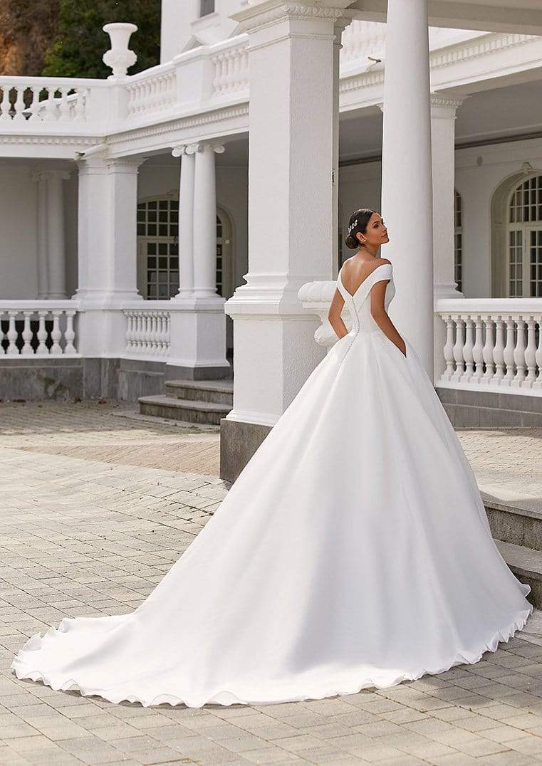 Pronovias Farrah ballgown off-the-shoulder wedding dress train view