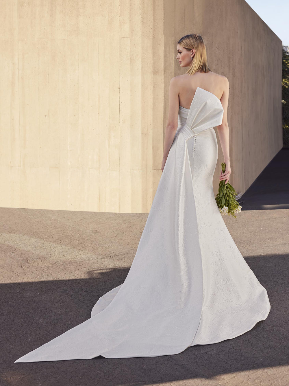 Pronovias Juny strapless mermaid mikado wedding dress back view