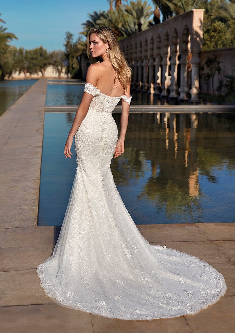 Pronovias Kenai mermaid wedding dress off-the-shoulder sleeves floral appliqué back view