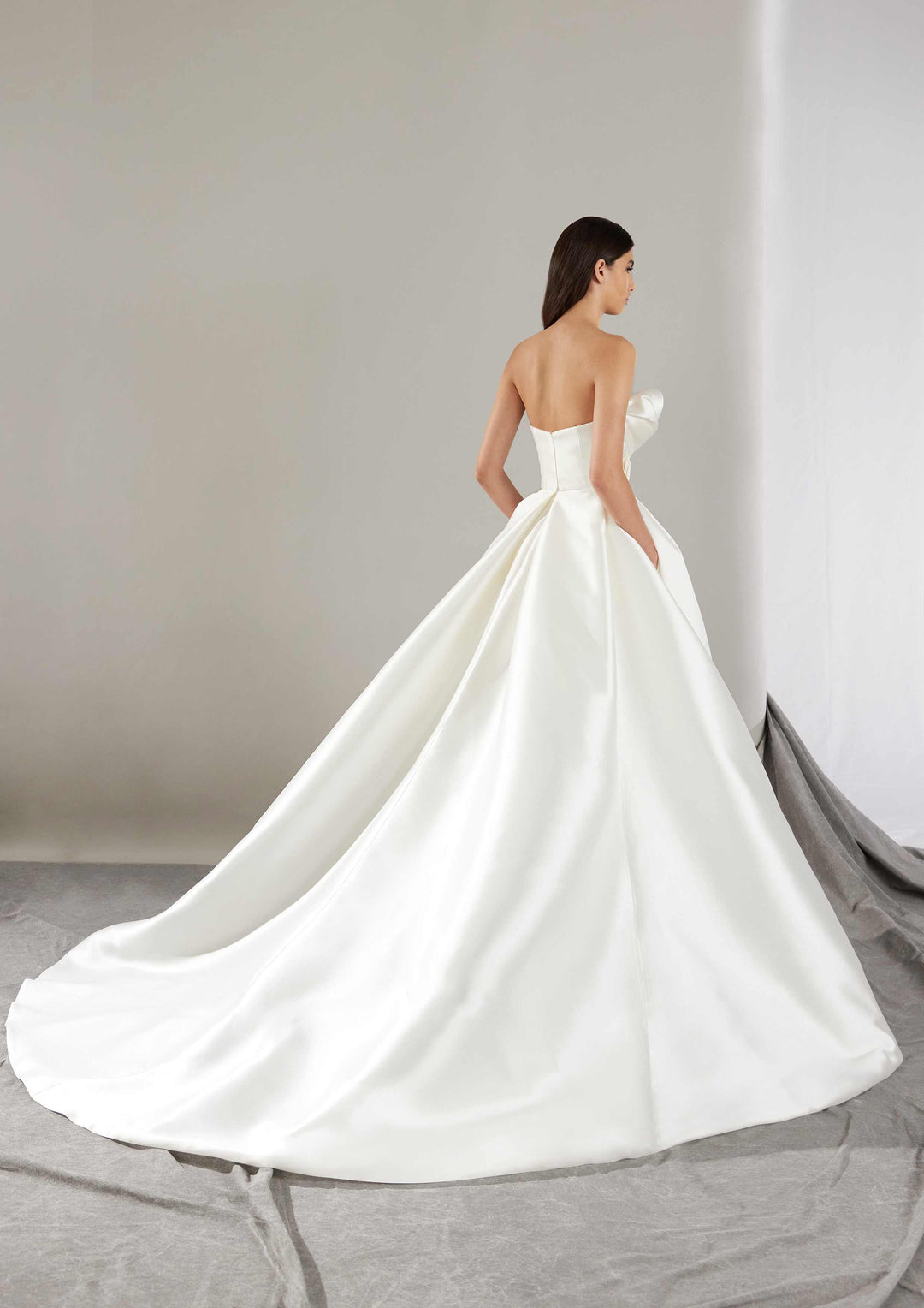 Pronovias Khloe a-line wedding dress strapless with asymmetrical neckline and micro fabric back view