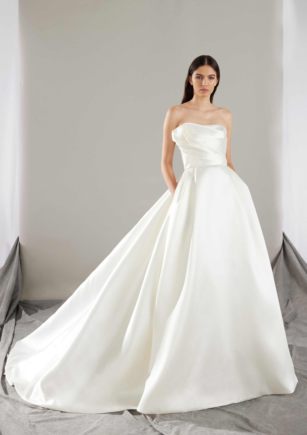 Pronovias Khloe a-line wedding dress strapless with asymmetrical neckline and micro fabric front view
