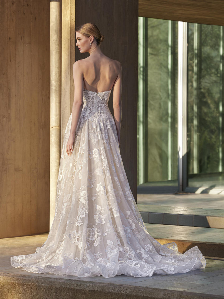 Pronovias Menta strapless floral a-line wedding dress corset bodice back view 