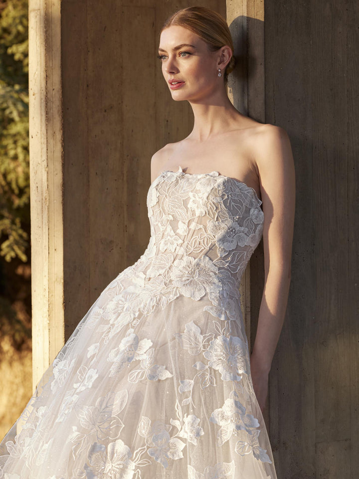 Pronovias Menta strapless floral a-line wedding dress corset bodice front detailed view 