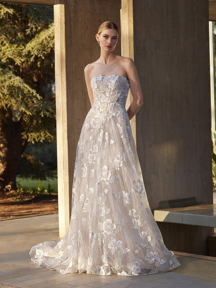 Pronovias Menta strapless floral a-line wedding dress corset bodice front view 