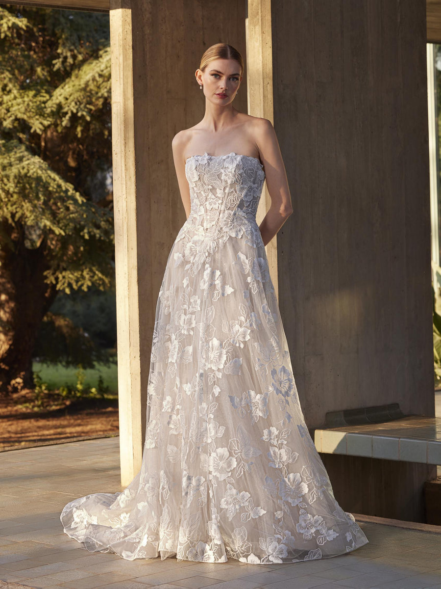 Pronovias Menta strapless floral a-line wedding dress corset bodice front view 