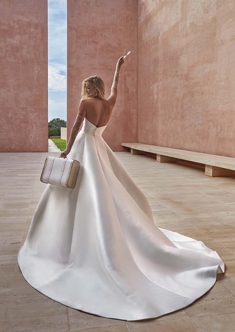 Pronovias Ozen ball gown mikado strapless wedding dress natural waist back view