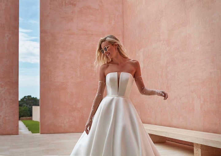Pronovias Ozen ball gown mikado strapless wedding dress natural waist detail view