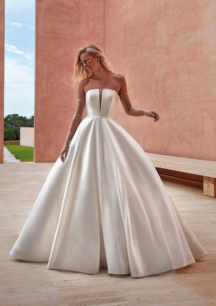 Pronovias Ozen ball gown mikado strapless wedding dress natural waist front view 