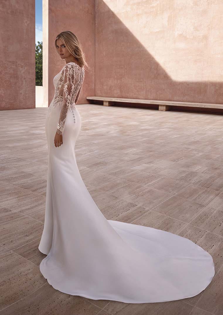 Pronovias Parisia long sleeves fitted wedding dress lace appliqué illusion back train view