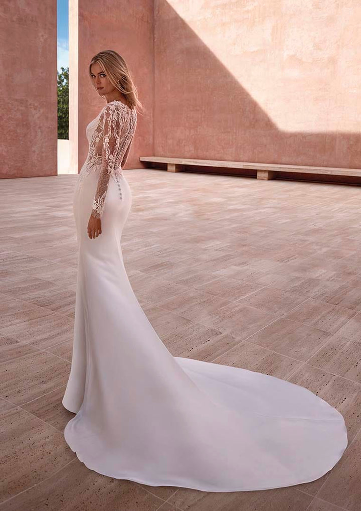 Pronovias Parisia long sleeves fitted wedding dress lace appliqué illusion back train view