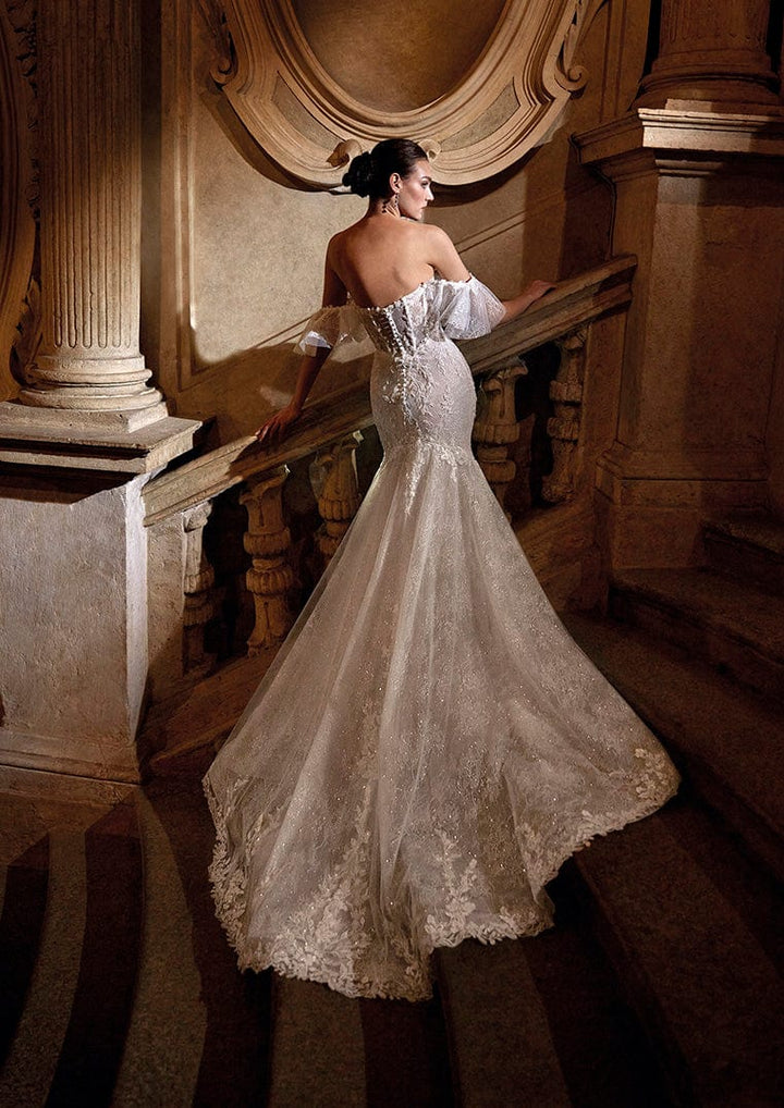 Pronovias Privee Dazzle mermaid wedding dress with sparkly lace back view