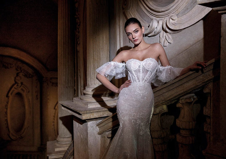Pronovias Privee Dazzle mermaid wedding dress with sparkly lace front details view