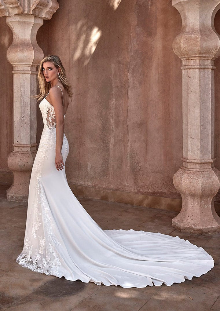 Pronovias Riau fitted wedding dress crepe floral appliqué cathedral train back view
