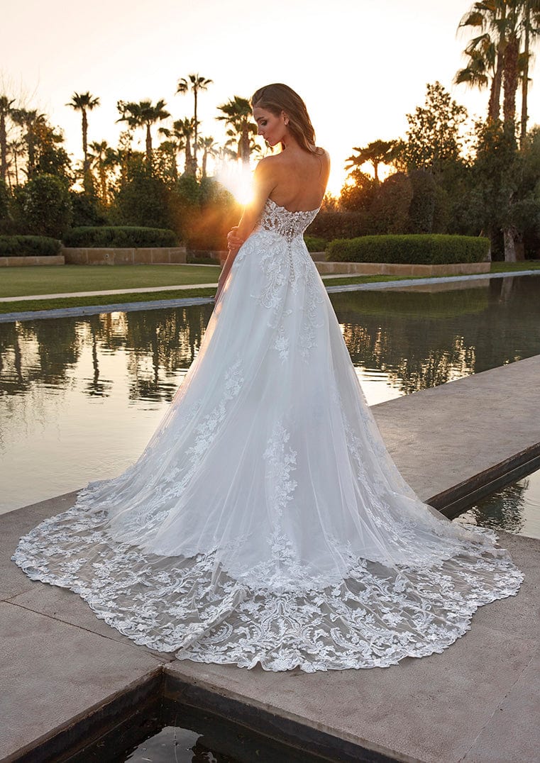 Pronovias Rinnes strapless wedding dress floral lace cathedral train back view