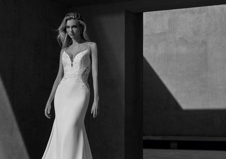 Pronovias Roanna fitted crepe wedding dress low back lace appliqué front view
