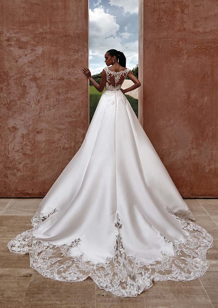 Pronovias Rosewood off-the-shoulders wedding dress with lace illusion back train