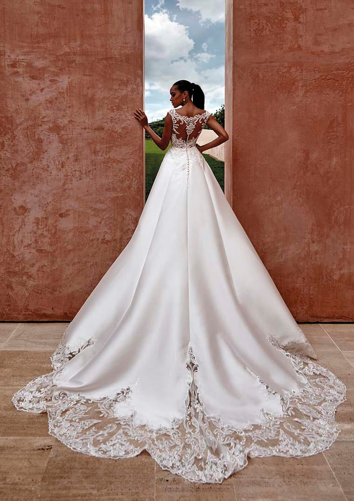 Pronovias Rosewood off-the-shoulders wedding dress with lace illusion back train