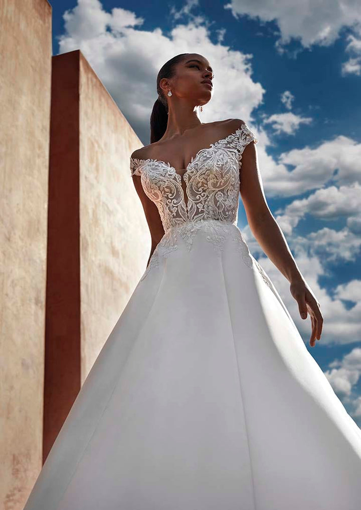 Pronovias Rosewood off-the-shoulders wedding dress with lace illusion back front details