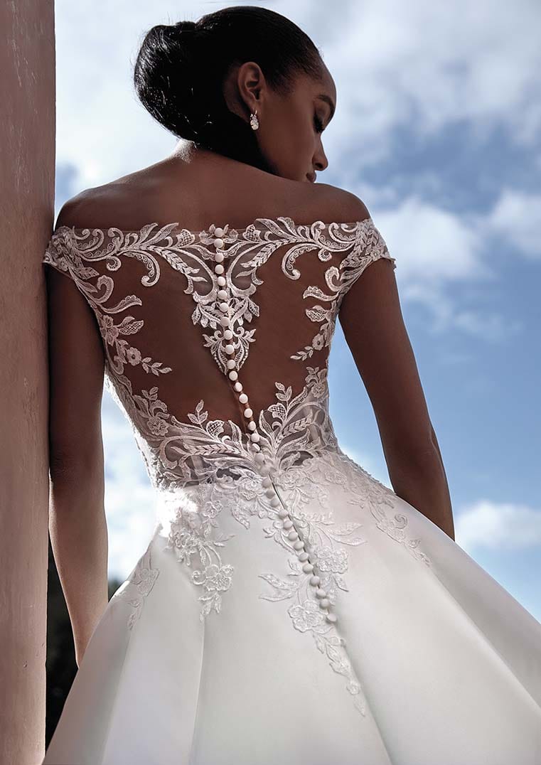Pronovias Rosewood off-the-shoulders wedding dress with lace illusion back detail