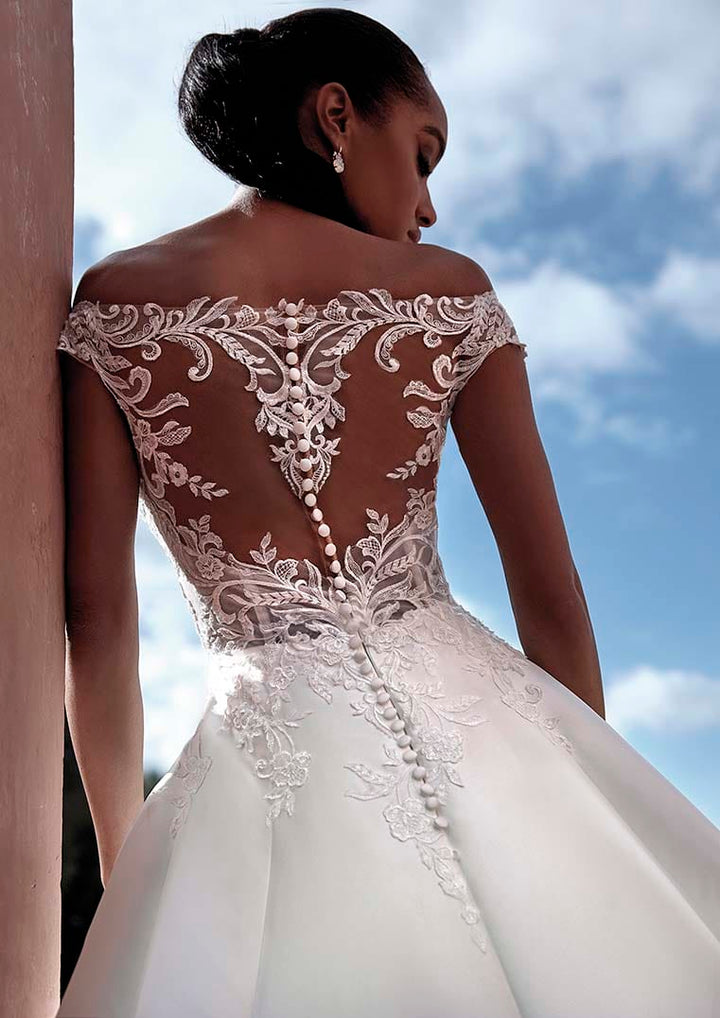 Pronovias Rosewood off-the-shoulders wedding dress with lace illusion back detail