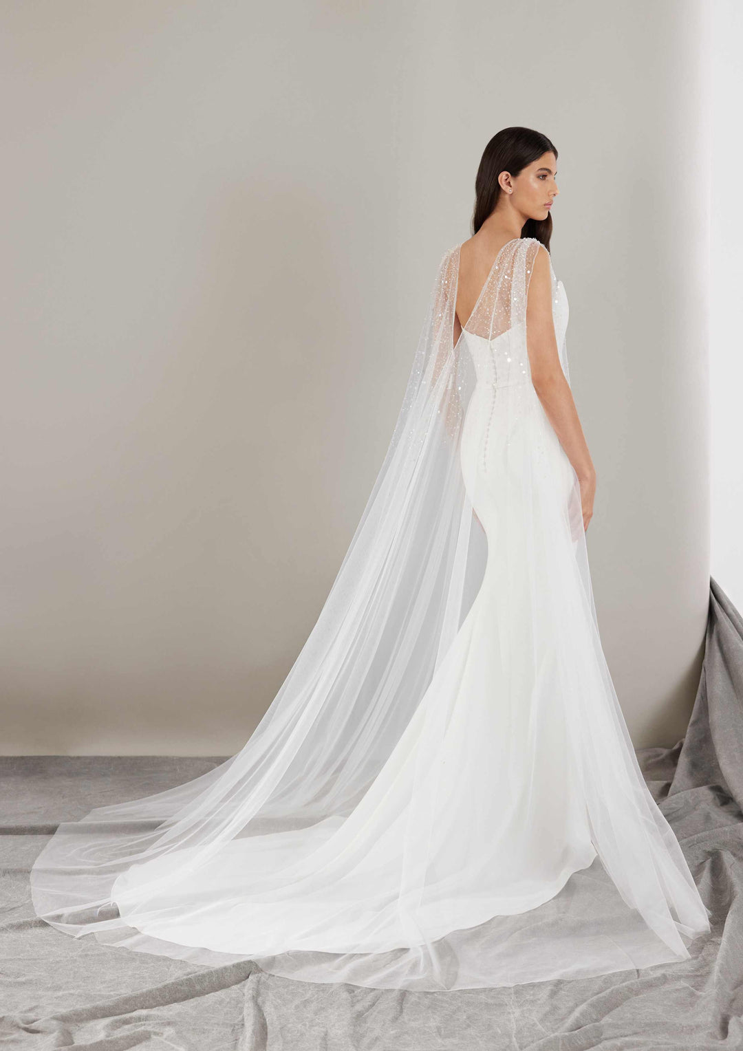 Pronovias Sincere sample sale strapless sweetheart mermaid wedding dress structured bodice with cape side view