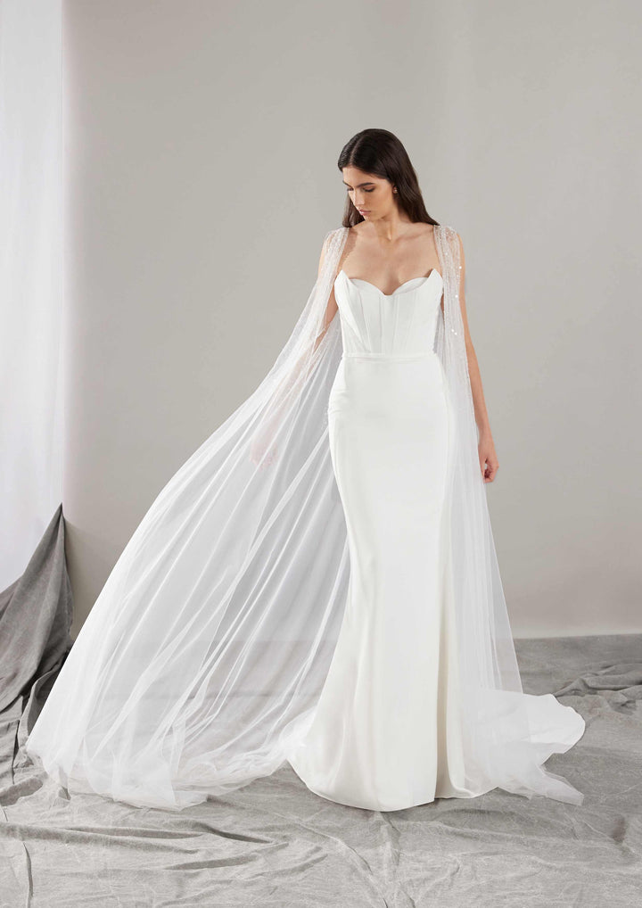 Pronovias Sincere sample sale strapless sweetheart mermaid wedding dress structured bodice with cape front view