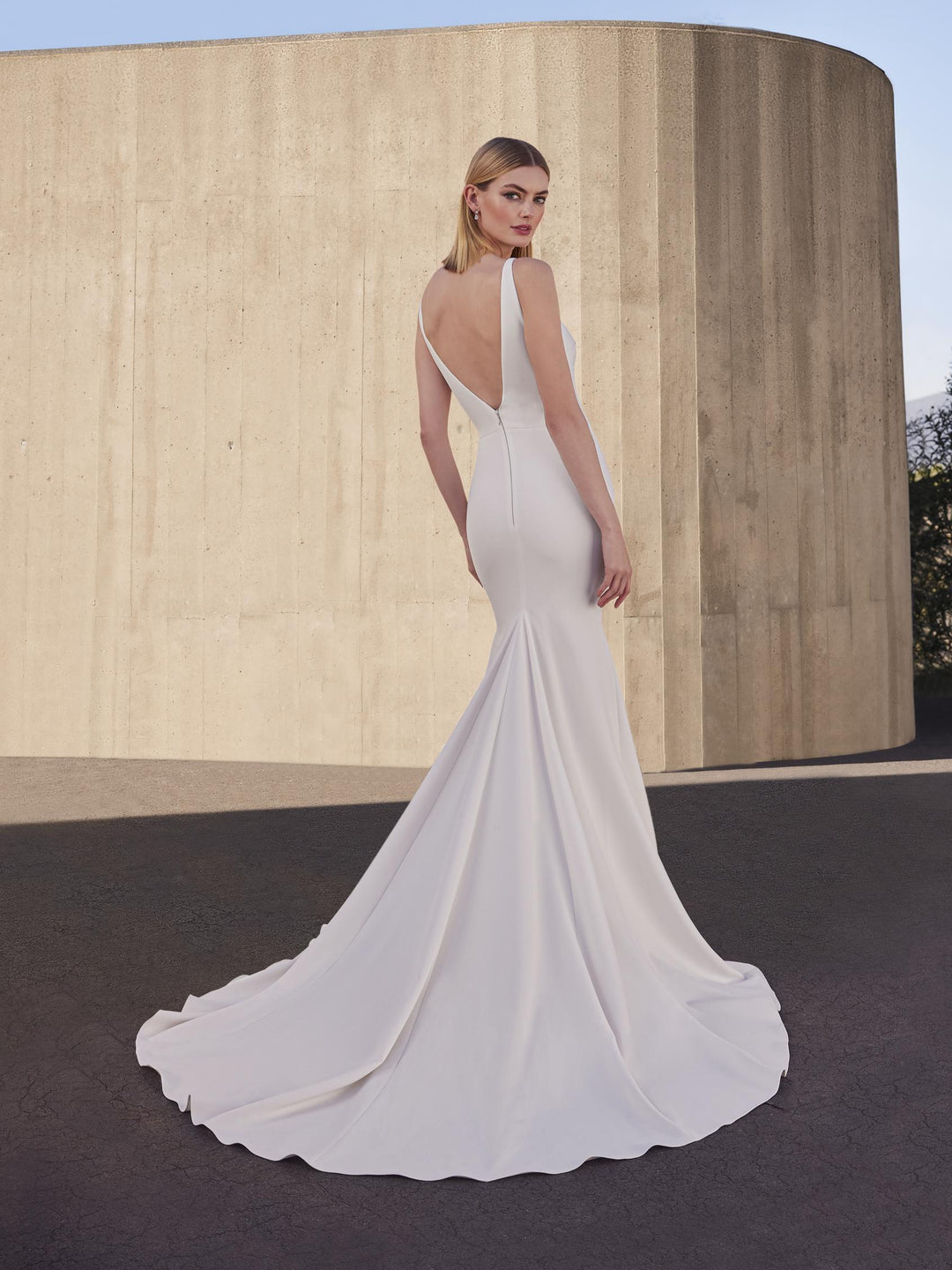 Pronovias Snowbeet mermaid crape wedding dress v-neckline back view