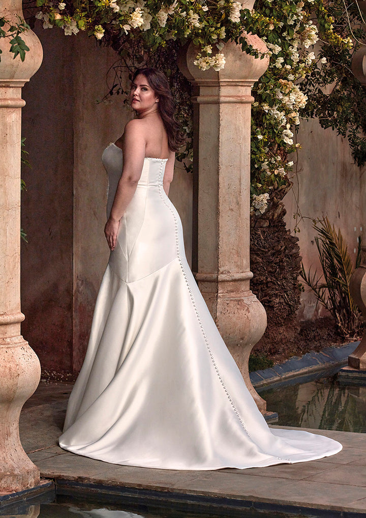 Pronovias Tasman sample sale strapless mermaid wedding dress beaded top mikado train view plus size