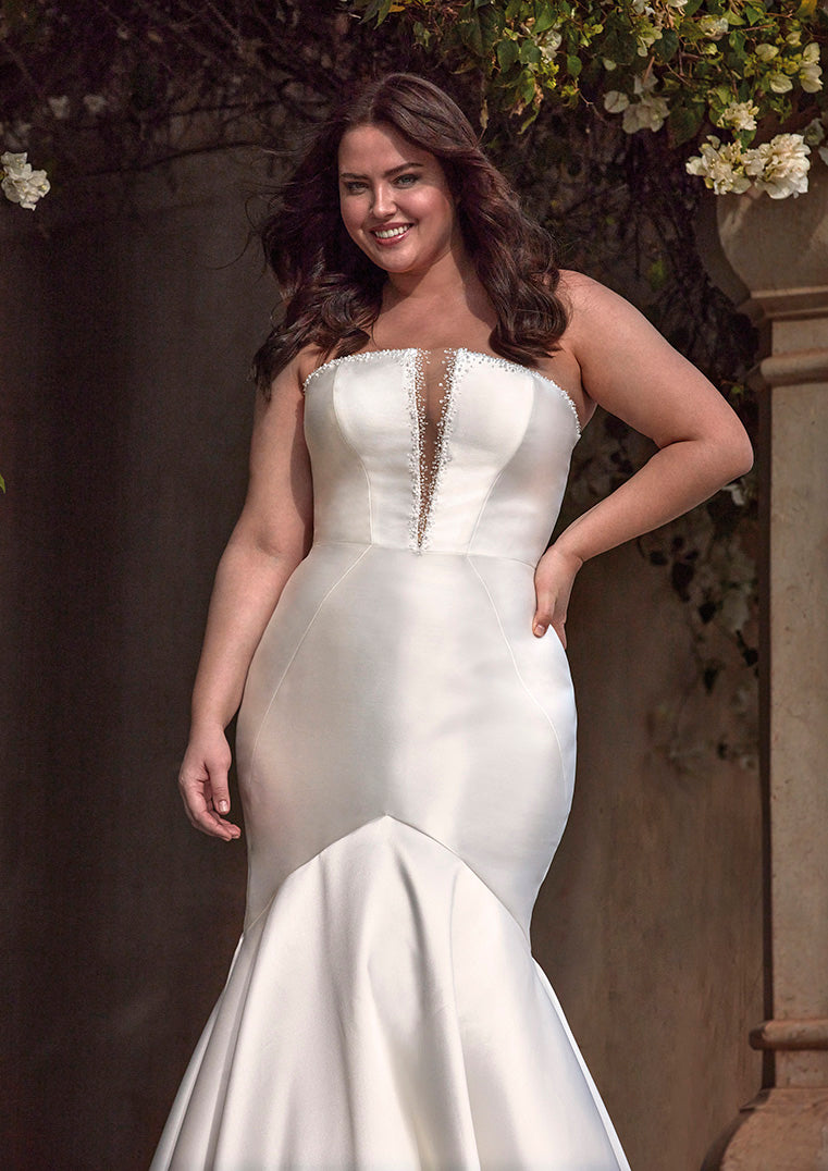 Pronovias Tasman sample sale strapless mermaid wedding dress beaded top mikado front detailed view plus size
