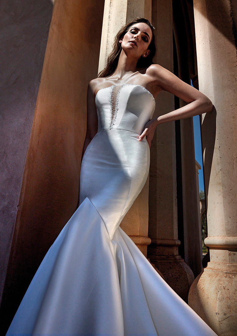 Pronovias Tasman sample sale strapless mermaid wedding dress beaded top mikado front detailed view