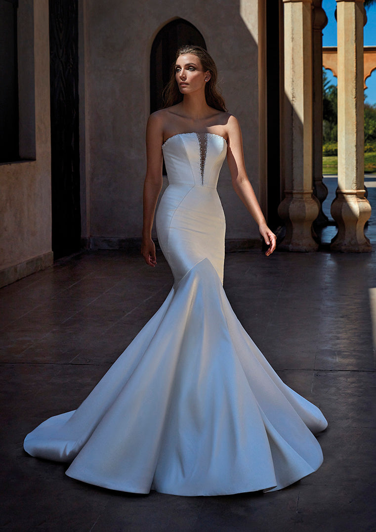 Pronovias Tasman sample sale strapless mermaid wedding dress beaded top mikado front view