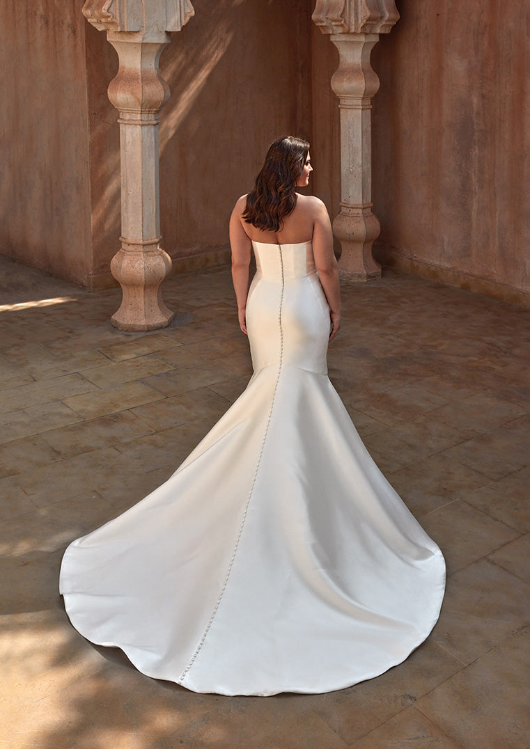 Pronovias Tasman sample sale strapless mermaid wedding dress mikado train view plus size