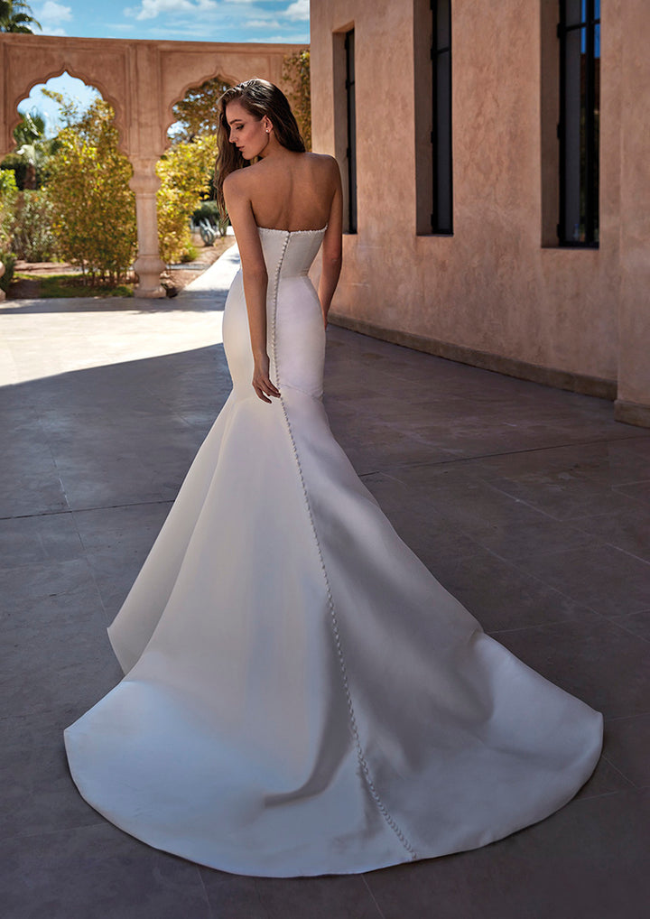 Pronovias Tasman sample sale strapless mermaid wedding dress beaded top mikado back view