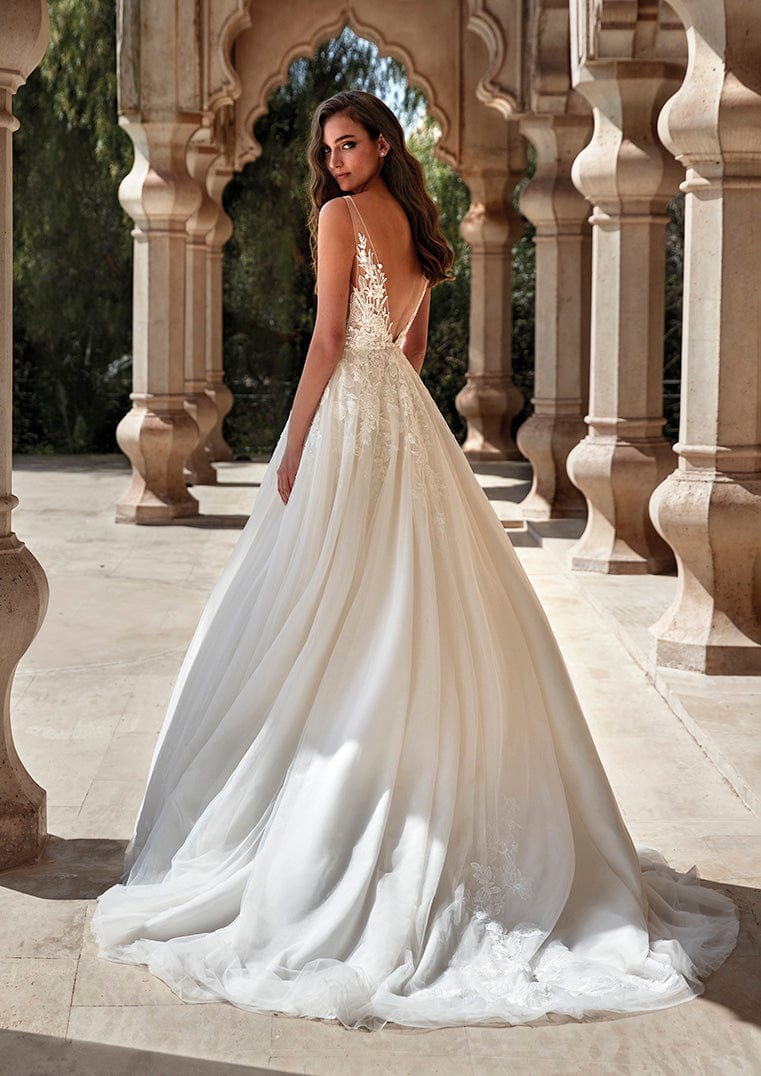 Pronovias Vesuvius wedding dress tulle floral appliqué v-neckline low back view