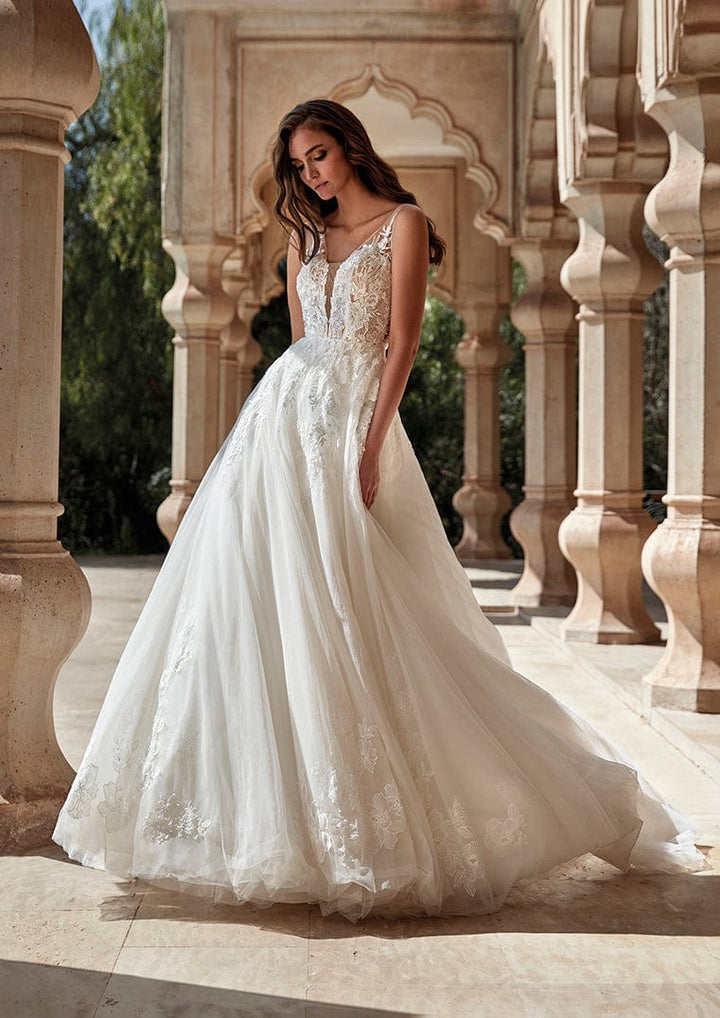 Pronovias Vesuvius wedding dress tulle floral appliqué v-neckline low back front view