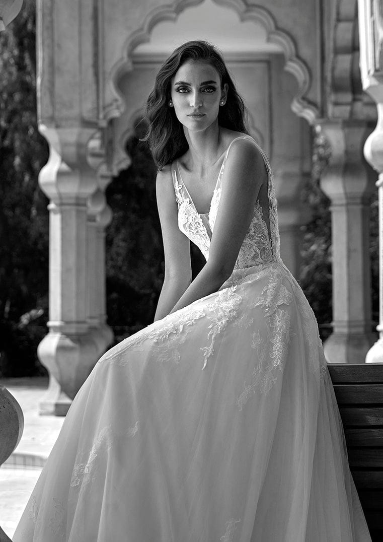 Pronovias Vesuvius wedding dress tulle floral appliqué v-neckline low back side view