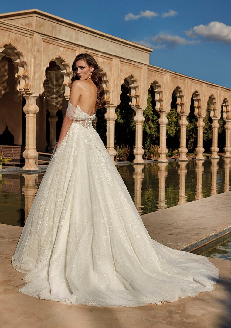 Pronovias Wander Sample Sale a-line wedding dress sparkle off-the-shoulder sweetheart neckline back view