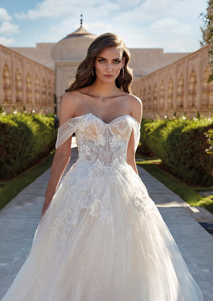 Pronovias Wander Sample Sale a-line wedding dress sparkle off-the-shoulder sweetheart neckline detail view