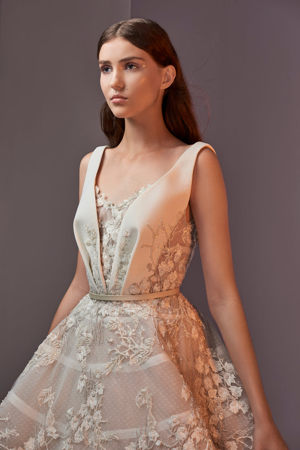 Saiid Kobeisy WE3491 sample sale wedding dress aline with floral design front details view