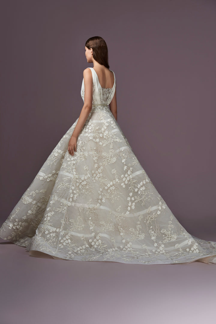 Saiid Kobeisy WE3491 sample sale wedding dress aline with floral design train view