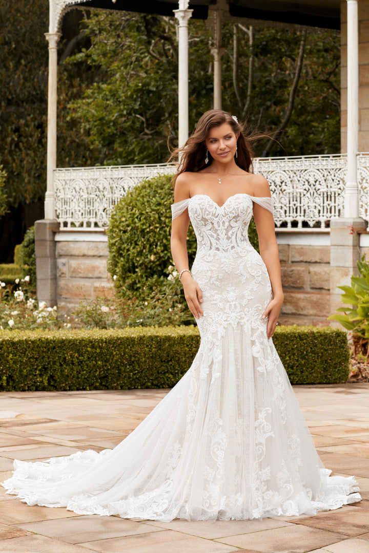 Sophia Tolli Harley Y22277 lace fit and flare wedding dress with off the shoulder straps front view