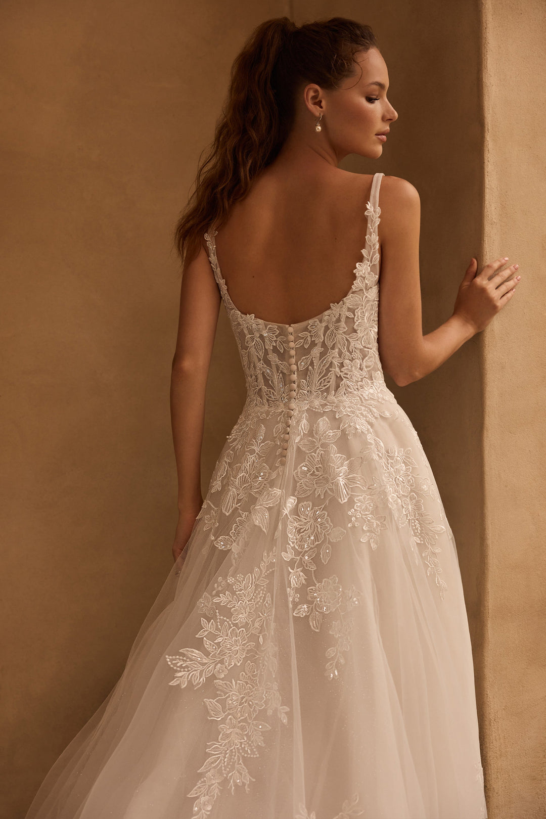 Sophia Tolli Maya Y3173 a-line wedding dress with straps and floral appliqués back details view