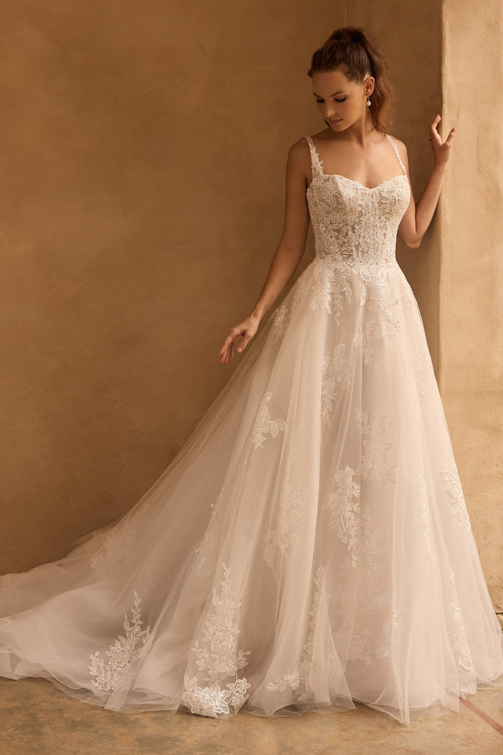 Sophia Tolli Maya Y3173 a-line wedding dress with straps and floral appliqués front view