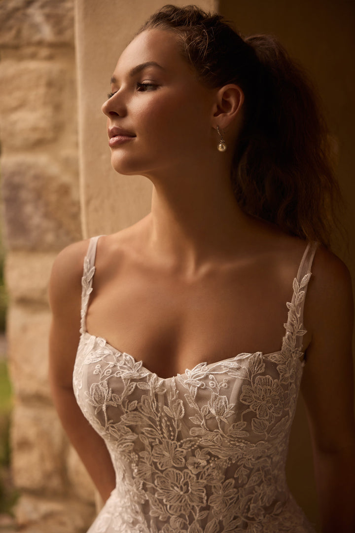 Sophia Tolli Maya Y3173 a-line wedding dress with straps and floral appliqués front details view